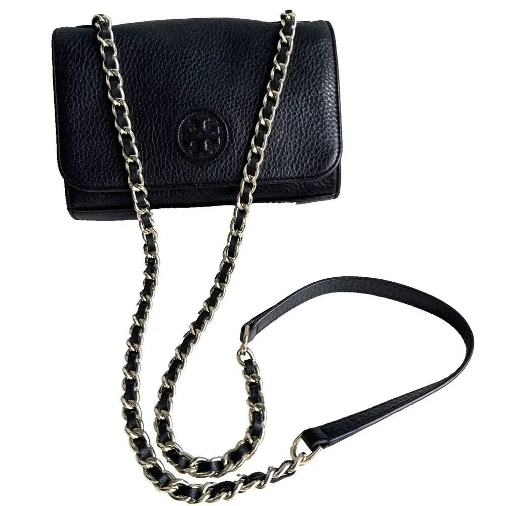 Tory Burch Bombe Crossbody Bag Black Leather Gold Chain Authentic Y2K Logo